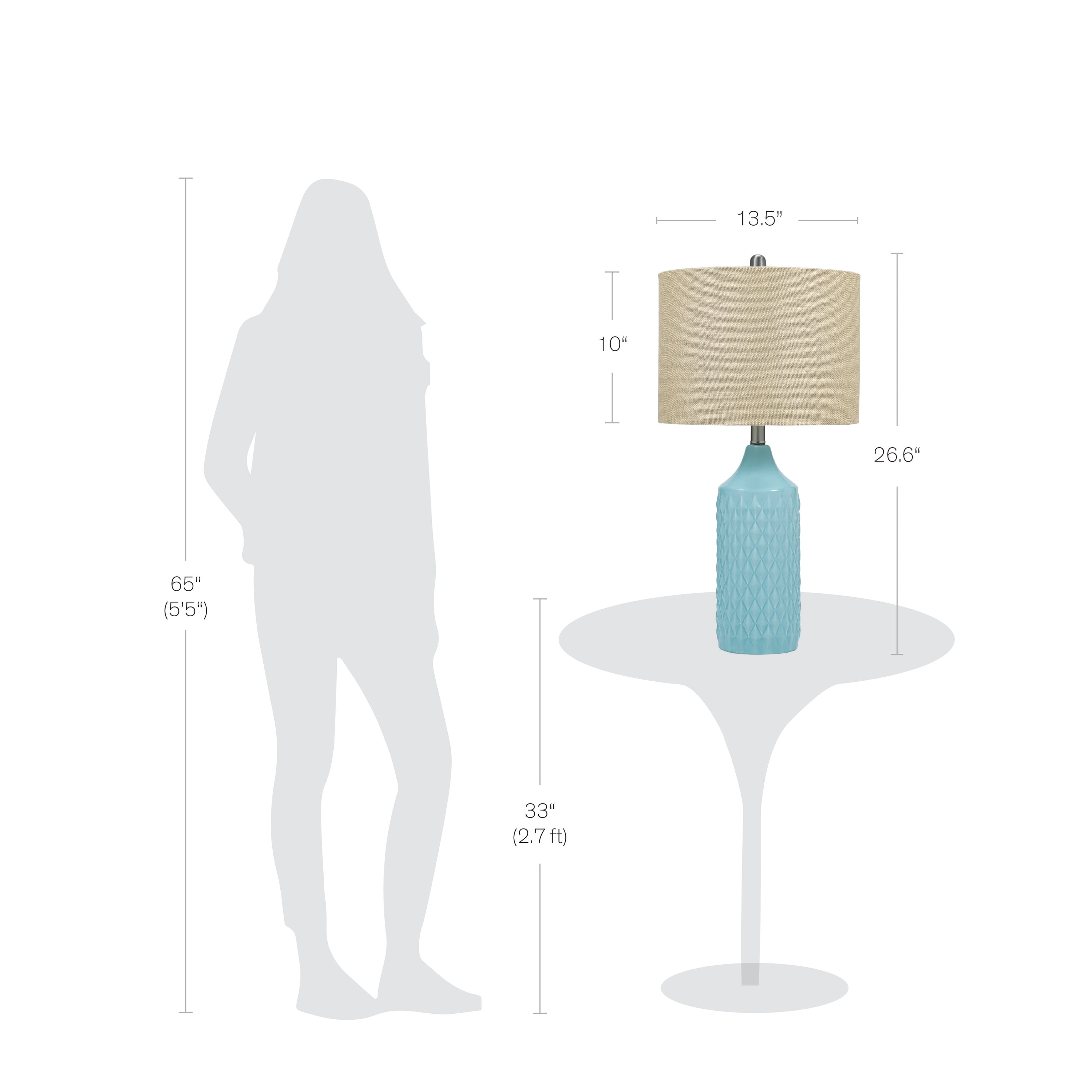Cresswell Lighting 26.5" Coastal Quilted Ceramic Table Lamp with Natural Linen Drum Shade, Aqua Blue Finish