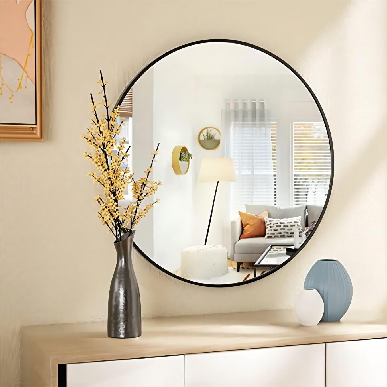BEAUTYPEAK 24" Bathroom Mirror Wall Mirror Classic Round Mirror Hanging Leaning, Black
