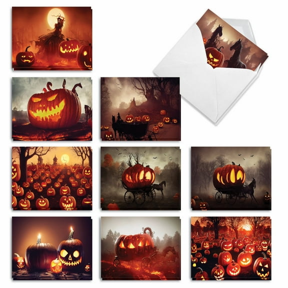 The Best Card Company 20 Assorted Halloween Notecards Bulk Box Set 4 x 5.12 Inch with Envelopes (10 Designs, 2 Each) Glowing Pumpkins AM10194HWG-B2x10