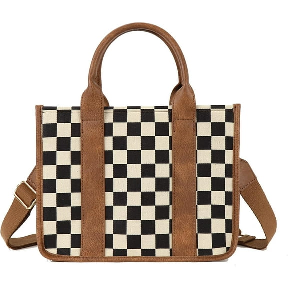 Women's Checkered Crossbody Bag, Canvas Work Tote Bag - Checkered Women's Bag, Black and White Top-handle Bag with Shoulder Strap