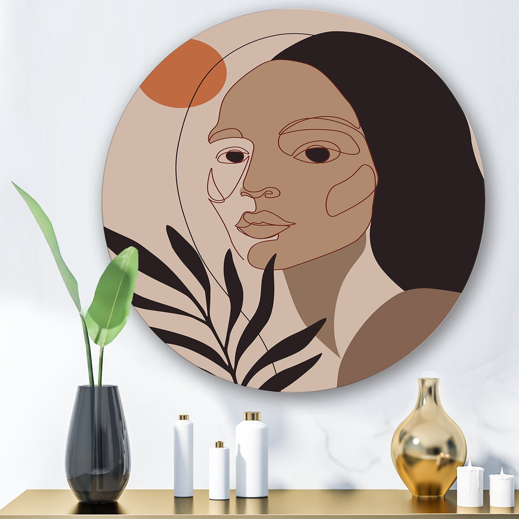 Designart 'Retro Minimal Portrait of Young Girl' Modern Circle Metal Wall Art 23x23 - Disc of 23