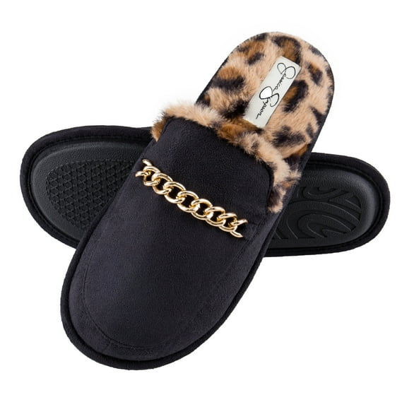 Jessica Simpson Women's Plush Microsuede Scuff Slipper with Chain Embellishment