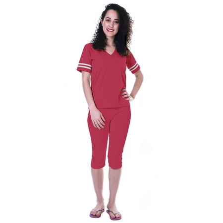 

Moomaya Womens Plain Nightwear Set w/ Capri Cotton Sleepwear 2 Pcs Nightdresses-7GX