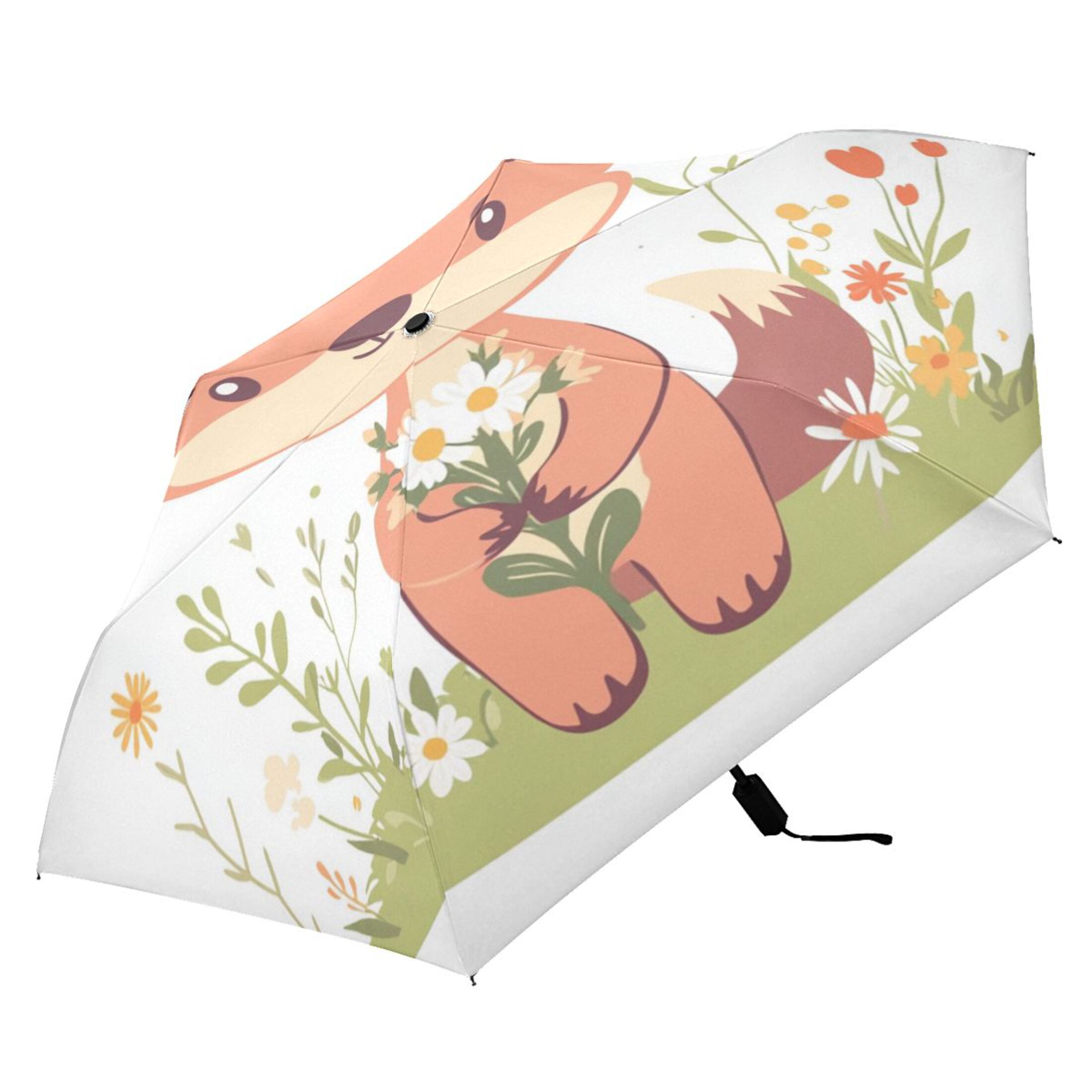 Cute Fox Holding Flowers All Weather Umbrella Triple Folding Parasol 6 Ribs UV Protection Portable