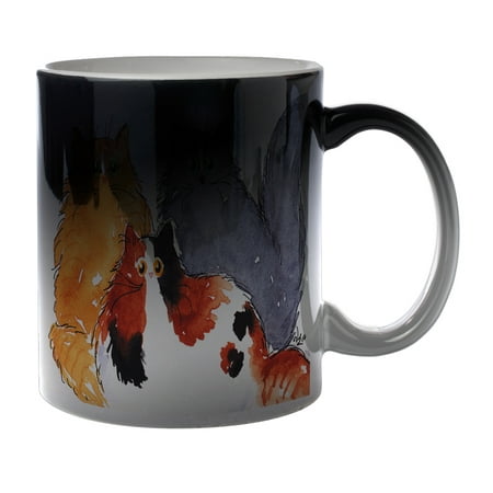 

KuzmarK Black Heat Morph Color Changing Coffee Cup Mug 11 Ounce - Three Maine Coon Kitties Abstract Cat Art by Denise Every