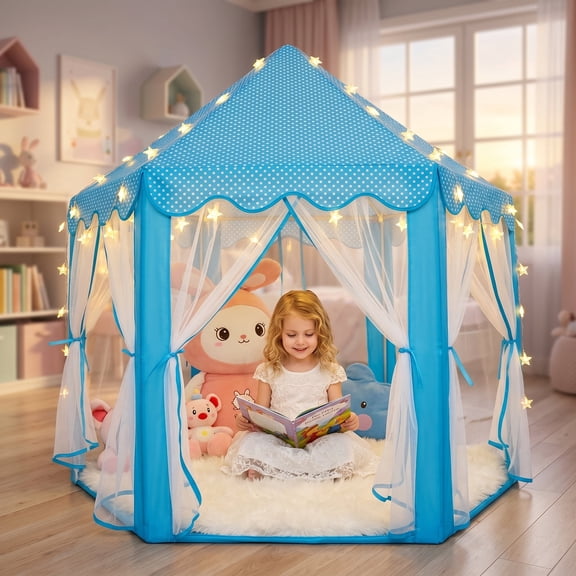 Wilwolfer Princess Castle Kids Play Tent for Girls, Blue Hexagon Playhouse with Star Lights for Indoor & Outdoor Play, Large Size 55'' x 53''
