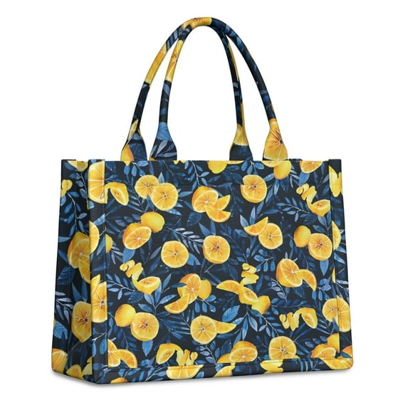 Large Capacity Tote Bag,Yellow Lemon Slices DarkBlue Pattern Handbag Fashion Luxury Tote Bag,15.7"x13"x 5.1" Inches,Laptop Compatible