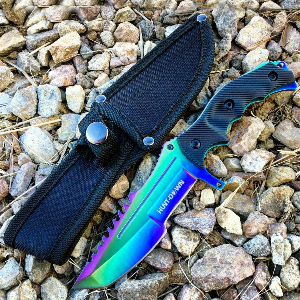 10" Survival Tactical Hunting Fixed Blade Rainbow Full Tang Bowie Knife