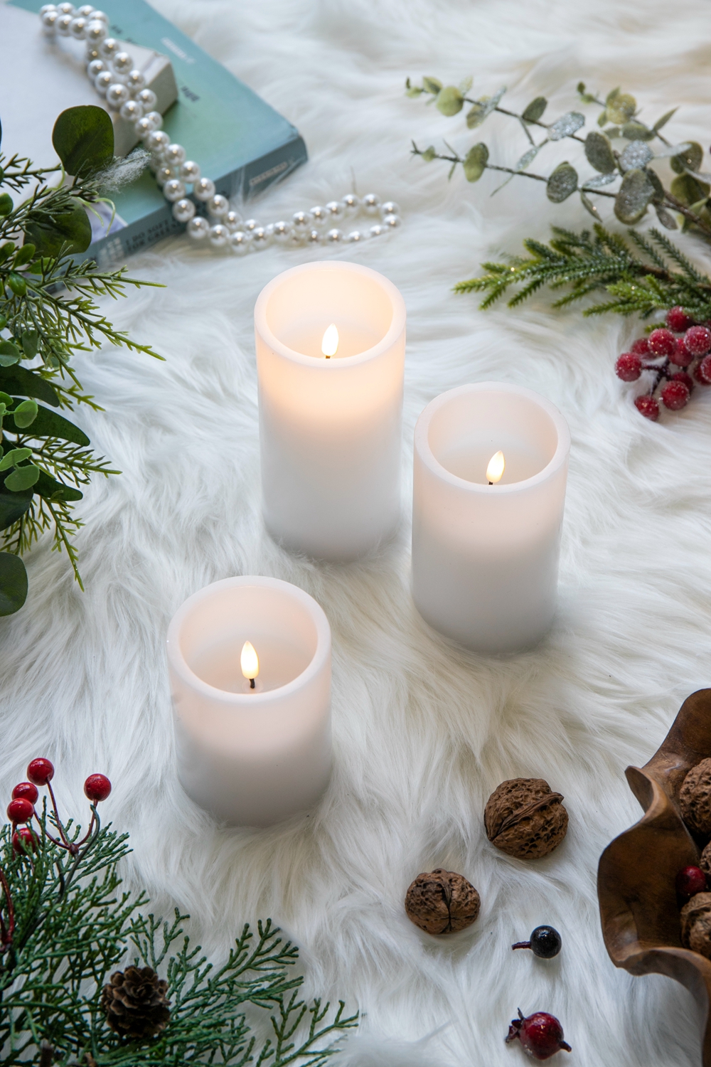Set of 3 White LED Candles with Remote Timer, L: D3X6" M: D3X5" S: D3X4"