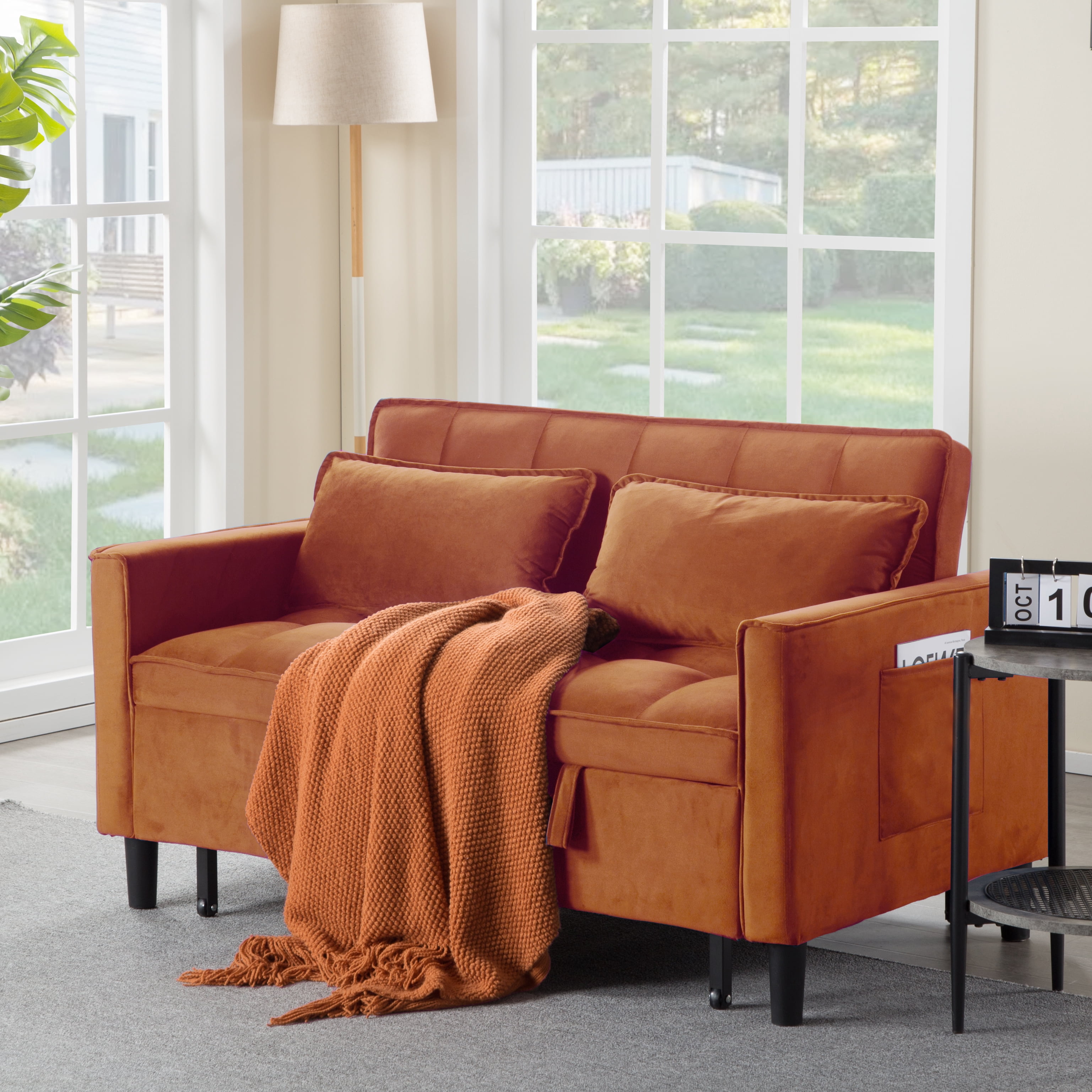 BSHTI 53.94" Pull-Out Sleeper Sofa Bed with Twin Size Bed – Velvet Upholstery, 3-Position Reclining Back, Solid Wood Frame, Side Storage Pocket, for Small Spaces, Apartment, Office,Antique Gold