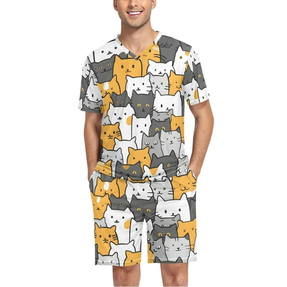 joogoo Men's Pajama Set Cute Doodle Cats V-Neck Pj Shorts Set 2 Piece Loungewear Sleepwear L