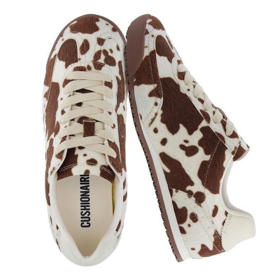 Cushionaire Techno Women’s Vegan Cow Print Calf-Hair Lace-Up Sneakers with Memory Foam Comfort