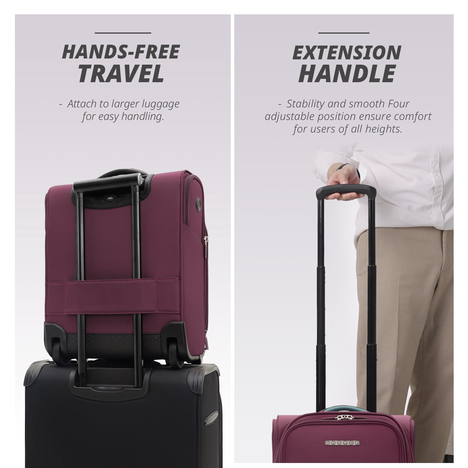 VERAGE 16-Inch Rolling Underseat Luggage with Wheels, Softside Expanable Small Suitcase Carry On Luggage Bags for Airlines Airplanes Short Trip Men Women (Grape Red)