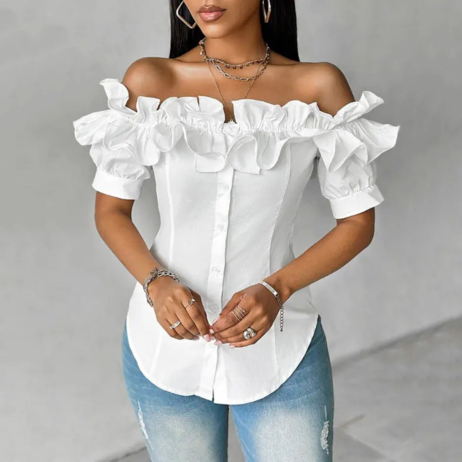 white off the shoulder top with ruffles