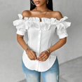 thumbnail image 6 of BYHONG Women Off Shoulder Layered Ruffles Button Down Asymmetrical Hem Top Women's Ruffle Trim Off Shoulder Short Sleeve Blouse Party Tops Shirt White XXL, 6 of 8