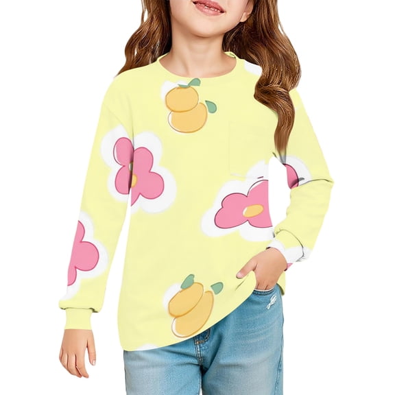 Abcomgle Girls Long Sleeve T Shirts Size 6-7 Trendy Floral Print Crewneck T-Shirts for Girls Winter Basic Top for Girls Cute Blouses for Girls with Pocket