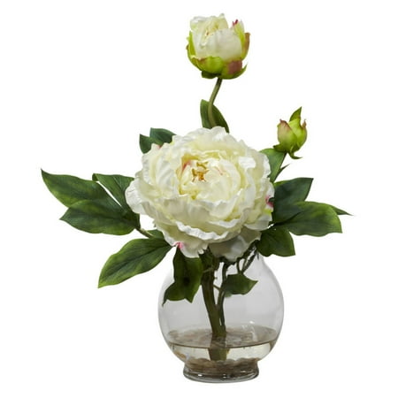 String Arrangement - Nearly Natural Peony Silk Flower Arrangement with Fluted Vase, Red
