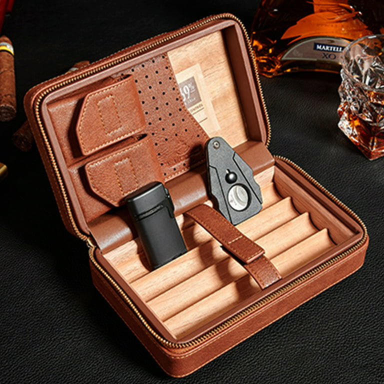 Gudamaye Cigar Case,Cedar Wood Travel Leather Cigar Case,Portable Travel  Leather Cigar Case Built in Hygrometer,Travel Cigar Case Humidor,Cigar