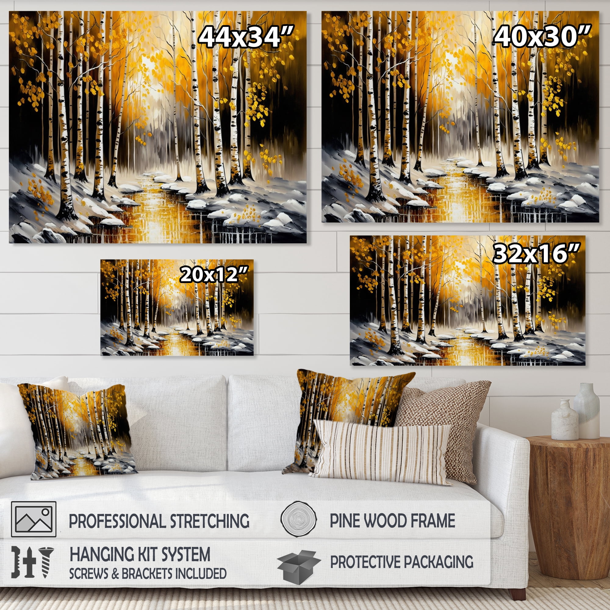 Designart Monochrome Golden Birch Trees By The River I Canvas Wall Art
