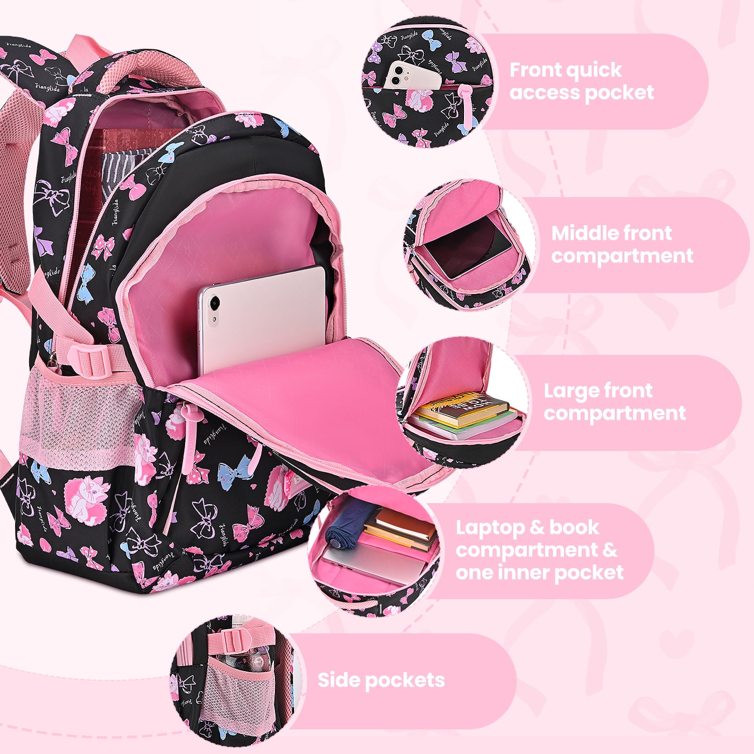 Kids School Backpack Set for Girls, 3 in 1 School Bag with Lunch Bag & Pencil Case for Primary Middle Students - Black