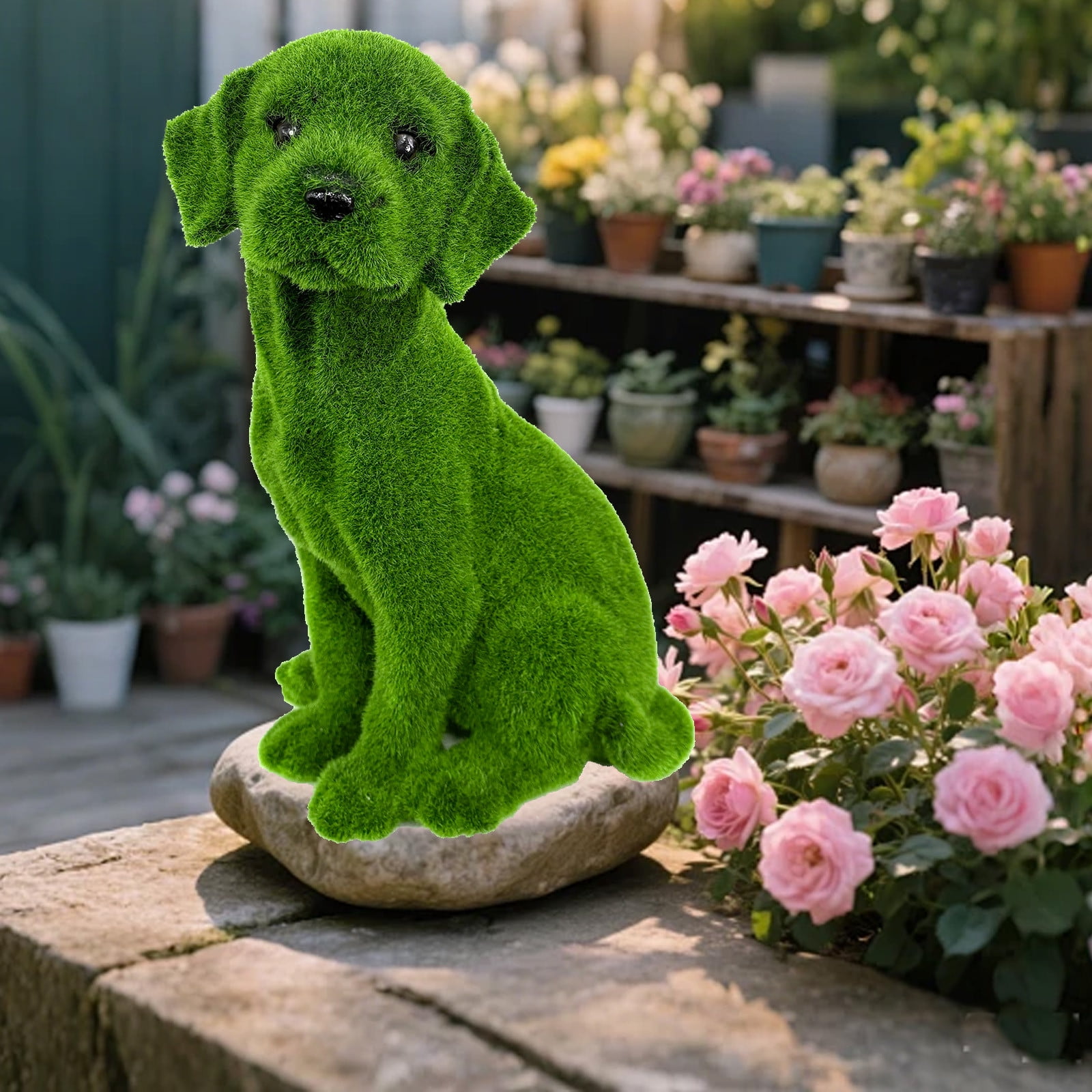 Realistic Flocked Dog Statue Resin Garden Sculpture Outdoor Animal Decor for Yard Patio Porch Entrance Lawn Decoration Lifelike Dog Figurine Home Decor 14x11 Inches