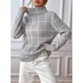 thumbnail image 5 of Women Fall High Neck Plaid Sweater Long Sleeve Loose Casual Chunky Checked Knit Winter Sweaters Jumper Tops Gray XL, 5 of 9