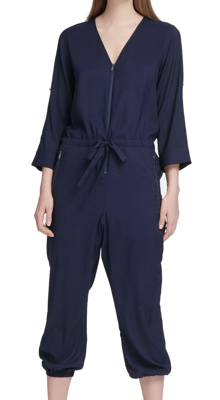 Women's Jumpsuit Navy Small Roll Tab Sleeve Tie Front S Women's Jumpsuit Navy Small Roll Tab Sleeve Tie Front S