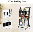 thumbnail image 4 of 3-tier rolling cart with metal handles, tabletop, cup holder, hooks, plastic storage basket and lockable wheels, 4 of 14