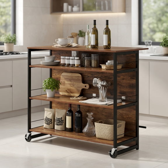 Spaco Rustic Brown and Black 4-Tier Mini Bar Kitchen Island with Footrest & Wine Rack, Storage Cart for Kitchen Home Bar, Anti-Fall Easy-Clean