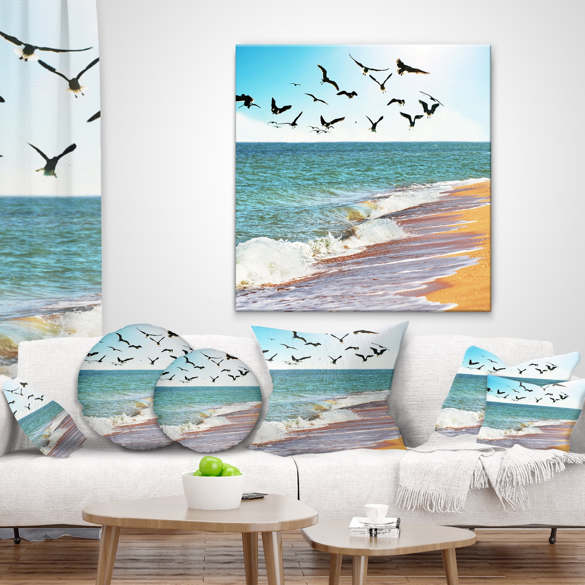 Designart Sea Gulls over the Seashore - Seashore Throw Pillow - 16x16