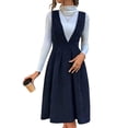 thumbnail image 2 of Women V Neck Corduroy Overall Dress Fall Mini Pinafore Jumper Dress Blue XL, 2 of 9