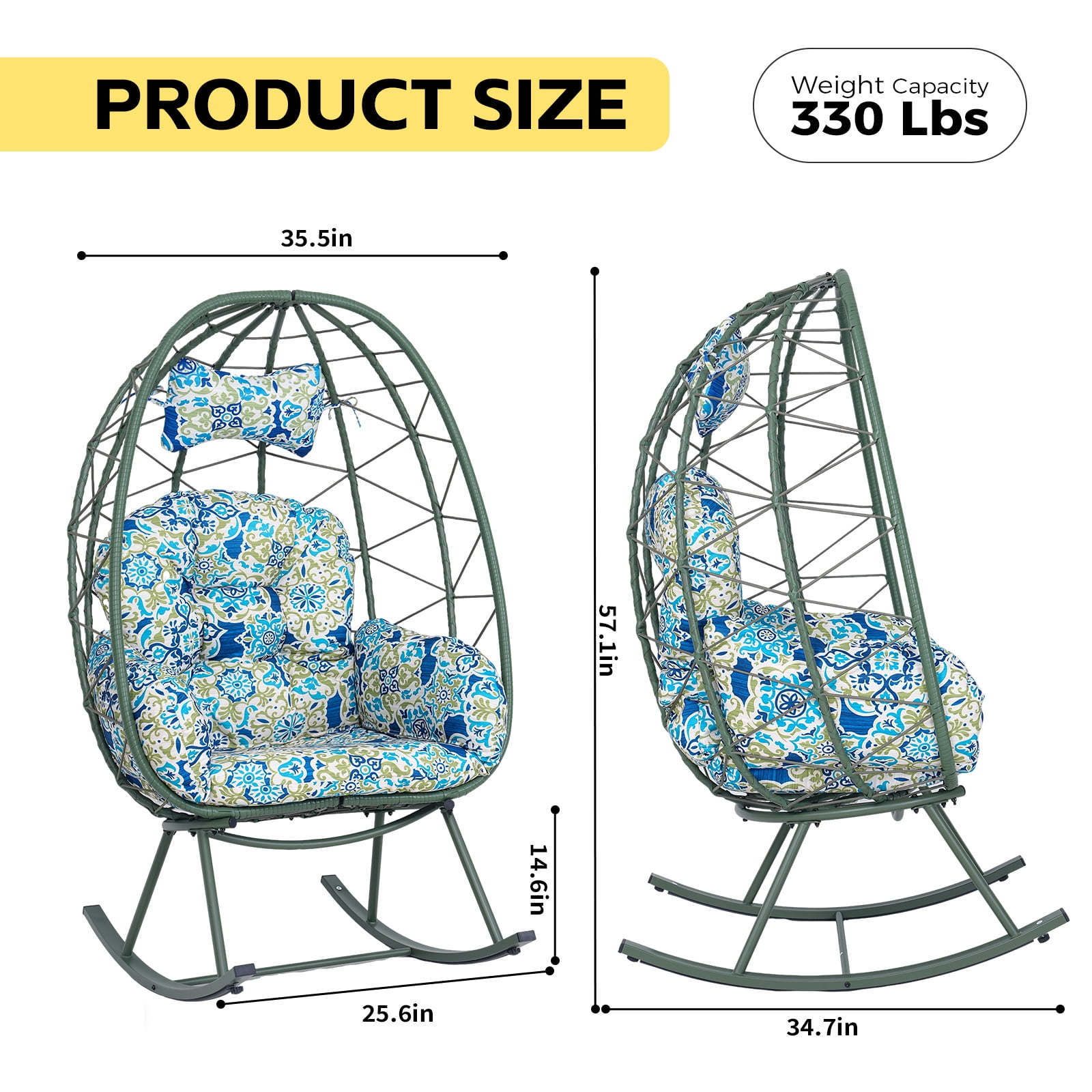 Foldable Wicker Egg Rocking Chair, 330LBS Capacity Cocoon Lounge Chair with Thick Cushion & Pillow, Weather Resistant Rattan Single Rocker for Patio Balcony Bedroom Living Room