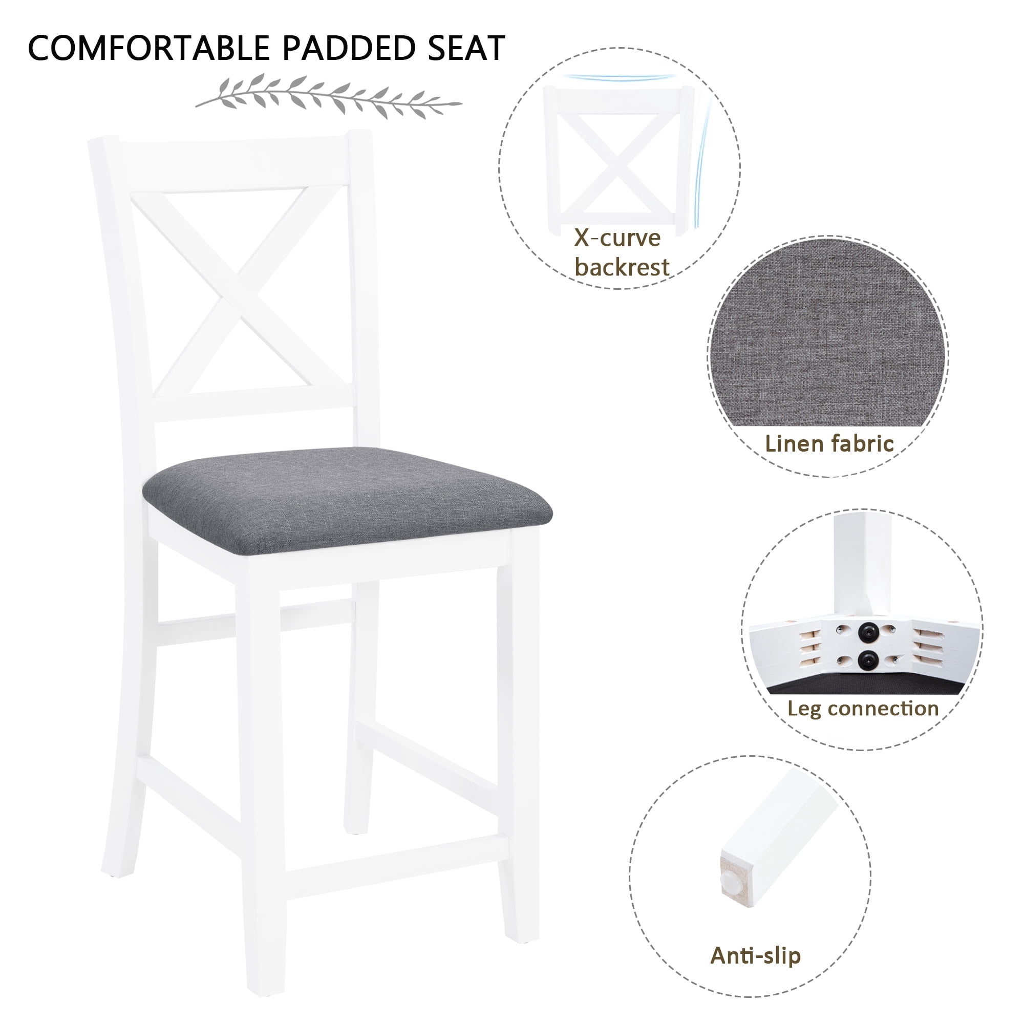 BSHTI 5-Piece Counter Height Dining Table Set – 34.5" Kitchen Square Table with 4 Chairs, X-Back Design, Linen Upholstery 4 Chair Dining Table Set, Solid Wood Frame, Grey+White