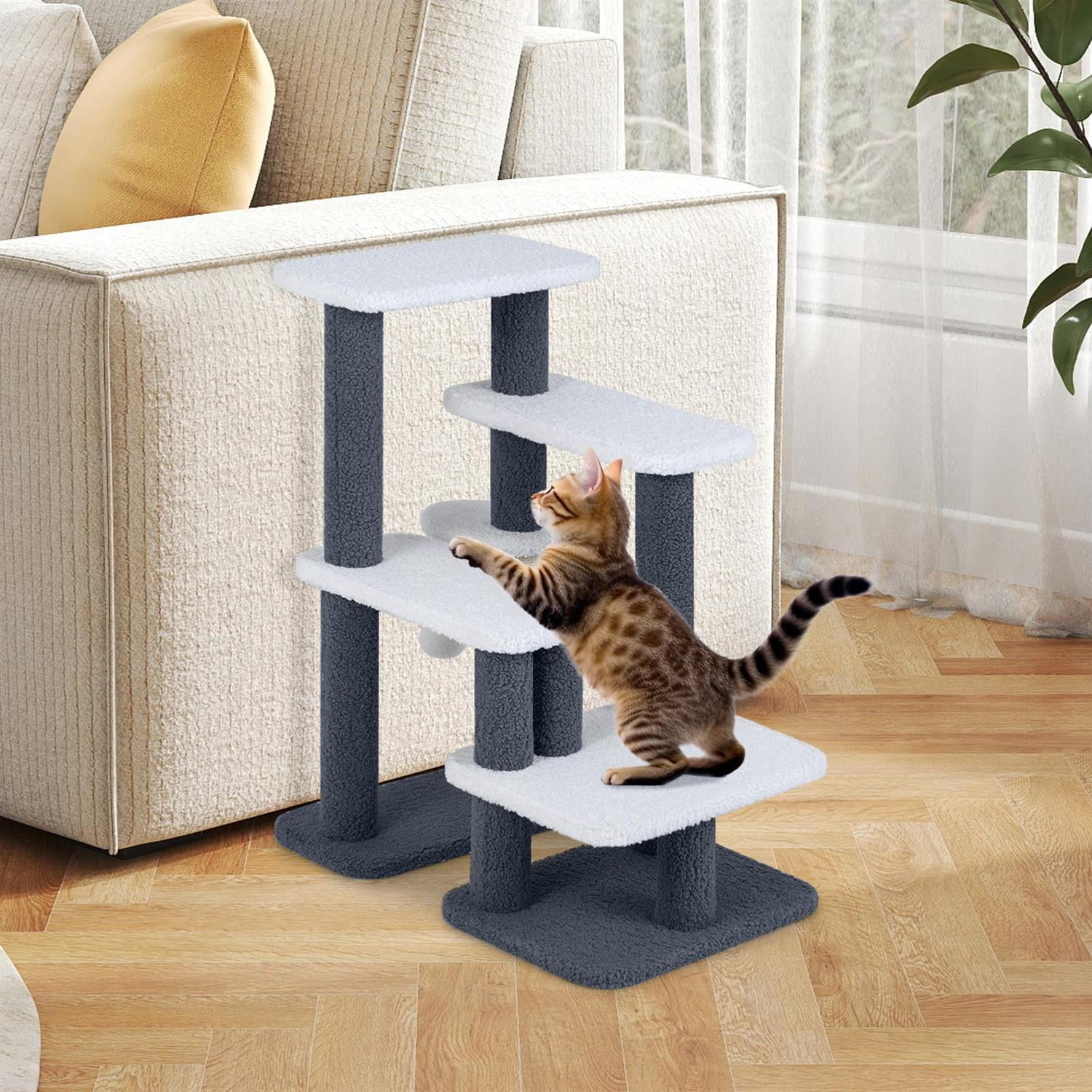 Pefilos 2-in-1 Cat Stairs & Tree Tower, Scratching Posts & Hanging Toy Ball, Anti-Slip Base, Gray