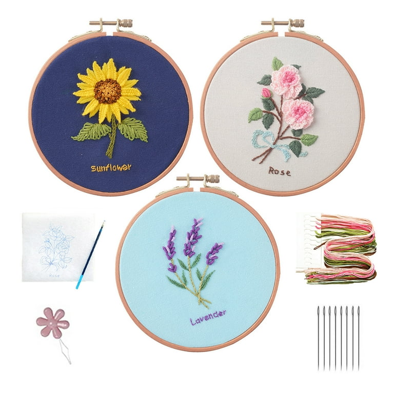 Blingpainting Floral Embroidery Kit for Beginners,Plant Pattern Sunflower  Cross Stitch Kits Set , Including Stamped Embroidery Cloth with Embroidery  Hoops, Color Threads and Tools 