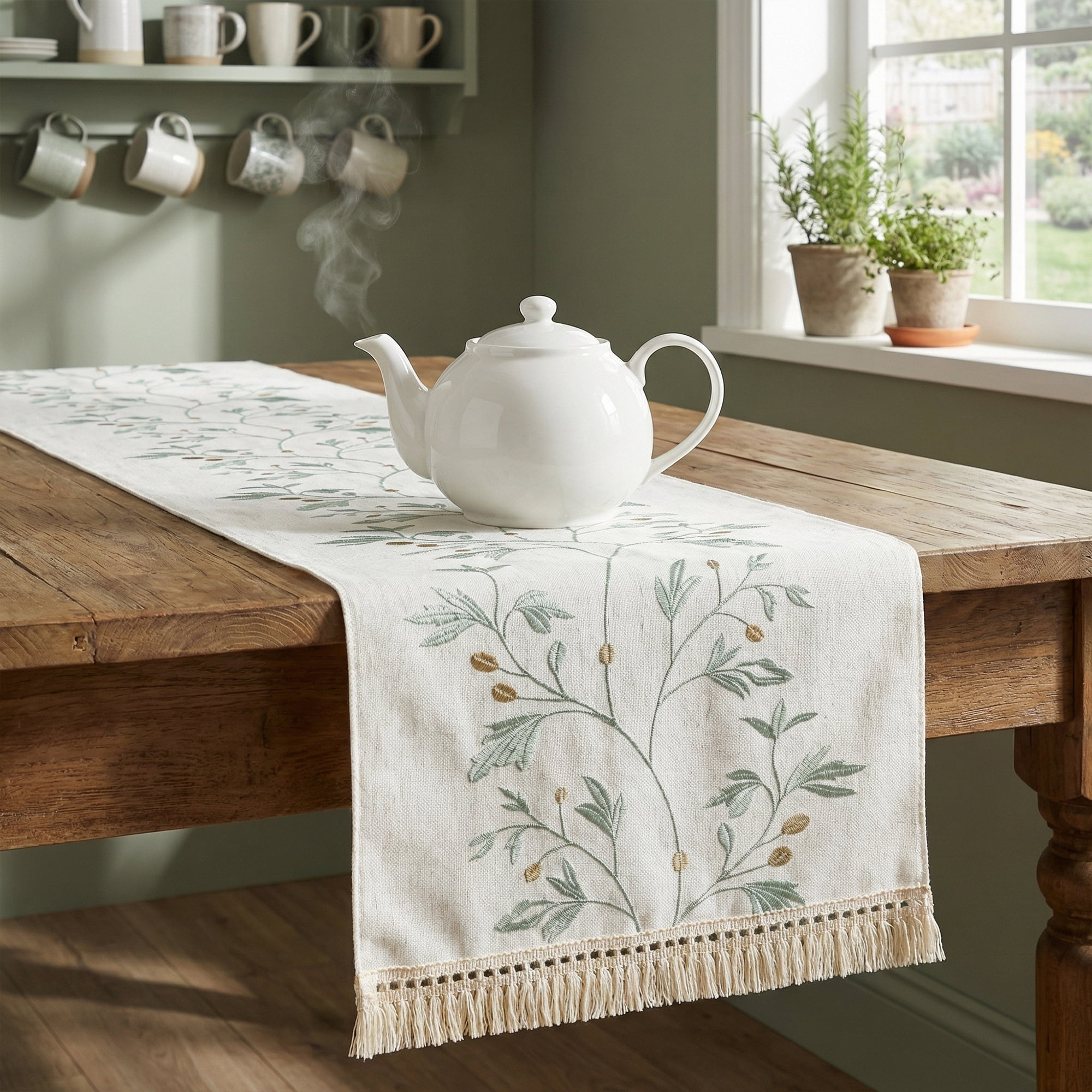 Unique Bargains Long Washable Floral Table Runner for Dining Decor Green 15.4"x63"