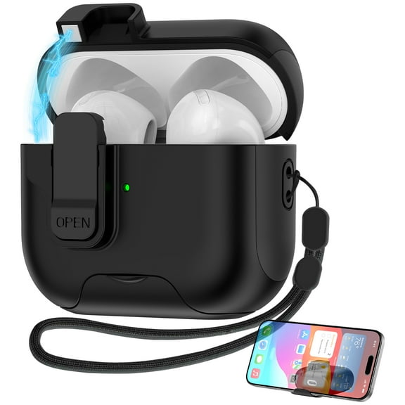 HopePow Compatible With AirPods 4nd Generation Case Cover Cute Magnetic Lid with Phone Stand Lock& Strap Compatible with AirPods 4 Headphone Case,Black