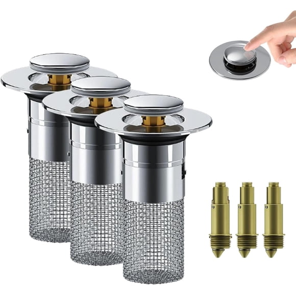 Hailoyearn Drain Strainer, Universal Stainless Steel Drain Strainer, Pop up Sink Stopper, with Removable Stainless Steel Hair Catcher Basket for Sinks, Bathtubs, Showers (3Pcs (B-Plastic))
