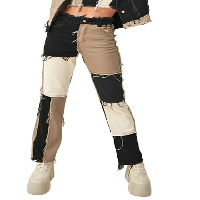 Women Color Block Jeans Middle Waist Pockets Patchwork Straight Trousers Casual Style Bottoms Green XXL