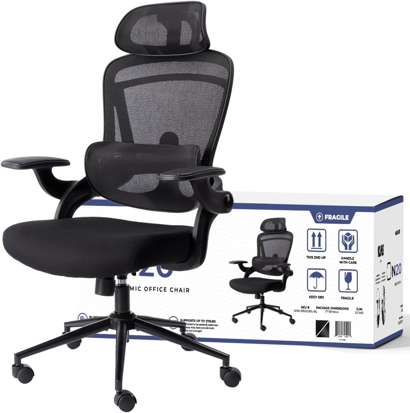 Nouhaus Ergo Fit High Back Ergonomic Mesh Office Chair with Adjustable Lumbar Support for Home Office & Study Room, Black