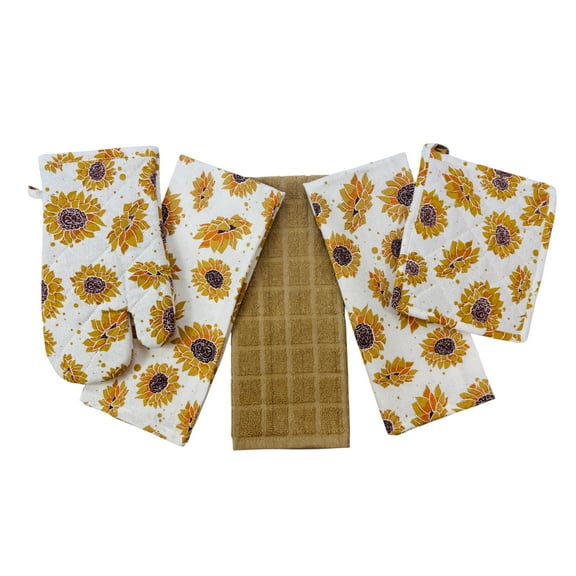 Serafina Home Summer Kitchen Pot Holder Oven Mitt Dish Towel Set: Fun Light Beige Gold Orange Brown Sunflower Design, 5 pc Set (Sunflowers)