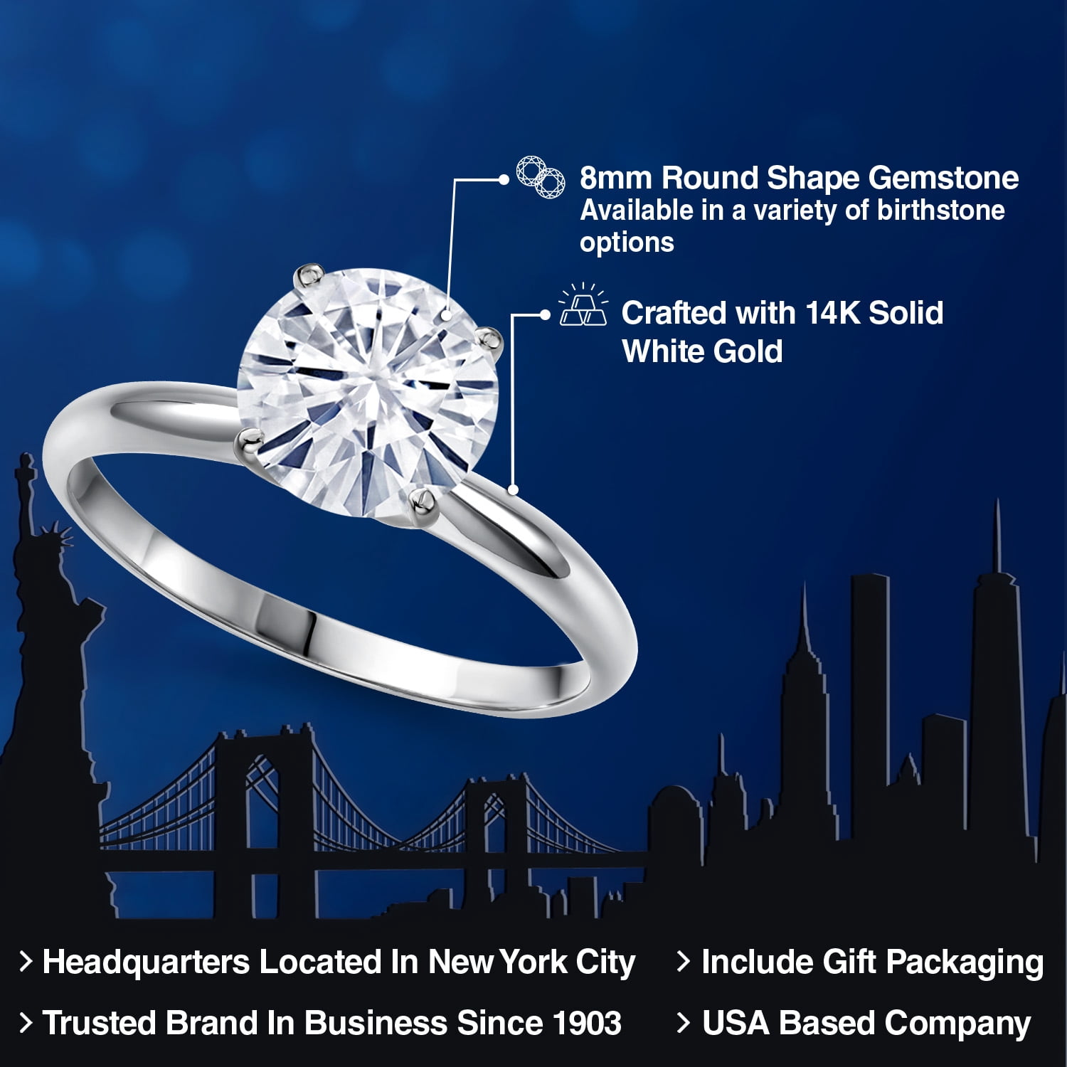 Gem Stone King 14K White Gold White Moissanite Solitaire Engagement Ring | 1.90 Cttw | Round 8MM | Wedding Engagement Anniversary Promise Ring for Women