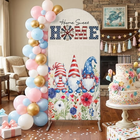 Patriotic Gnomes Arch Backdrop Covers 7.2 FT Sweet Home Lettering Red Blue Flower Linen Texture Stretchy Fitted Arched Stand Covers Party Arch Stand Cover Photo Booth for Wedding Birthday Decor