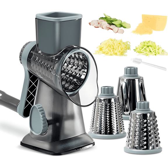 Rotary Cheese Grater with 3 Interchangeable Blades Rotary Cheese Cutter with Hand Crank Clean Brush Manual Cheese Shredder Non-Slip Suction Base Vegetable Slicer Grater for Kitchen Cooking Cheese
