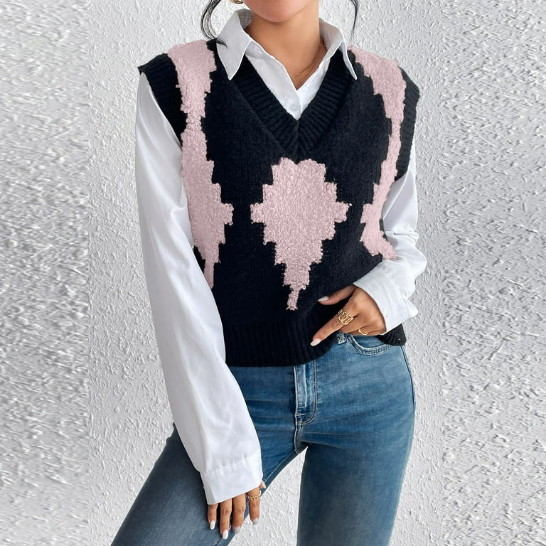 RYRJJ Argyle Sweater Vest Women y2k Plaid Knitted Streetwear Preppy Style  Sleeveless V Neck Pullover Cropped Knitwear School Tank Top for Girl(Pink,L)