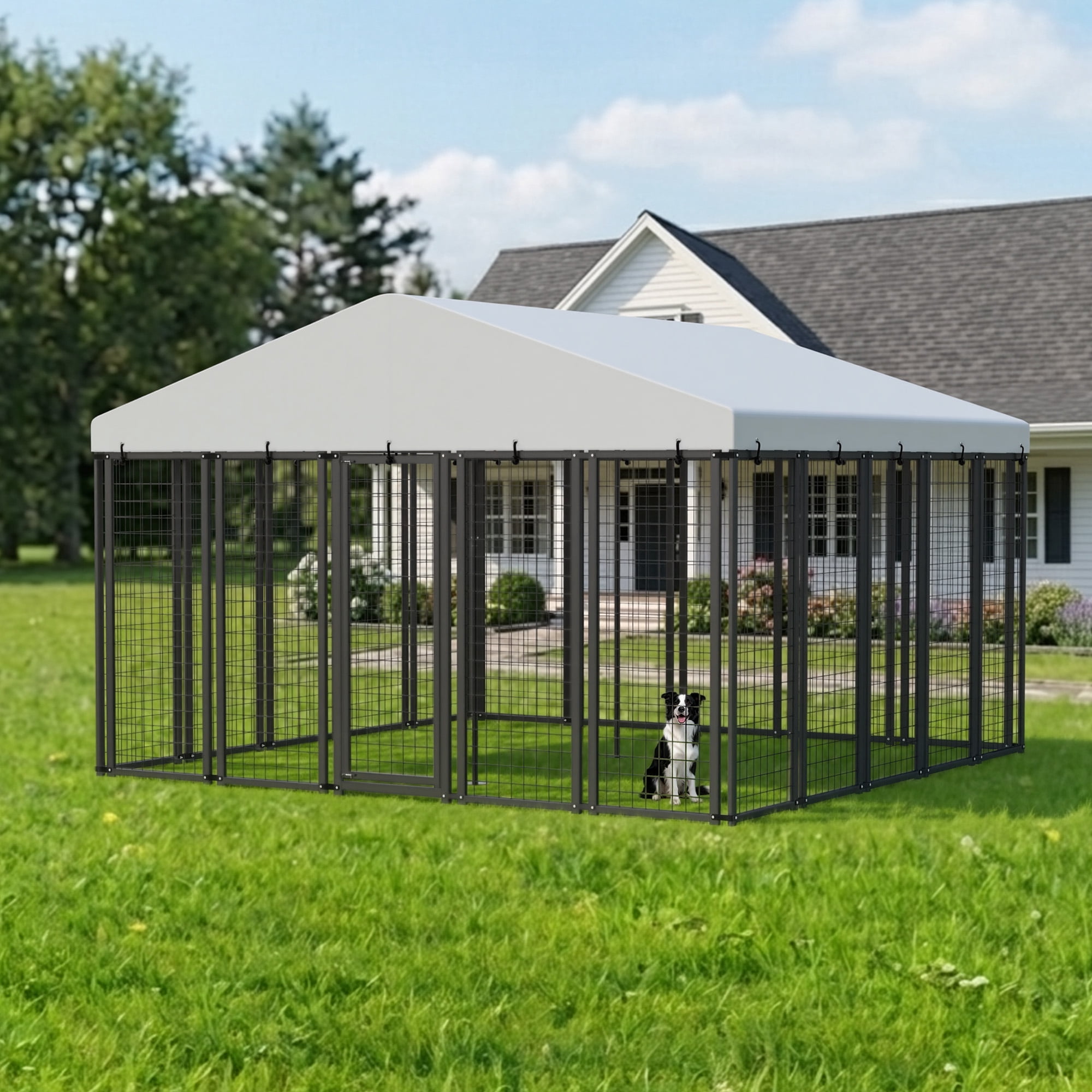 Ironovahome Large Outdoor Dog Kennel with Waterproof UV-Resistant Cover, Heavy-Duty Galvanized Steel Metal Frame, Wire Mesh & Security Lock, Dog Kennel Run Pet Enclosure for Outdoor