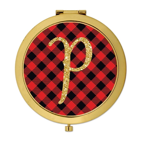 Koyal Wholesale Gold Compact Mirror Bridesmaid's Wedding Gift, Buffalo Red Plaid | Gold Glitter, Monogram Letter P, 1-Pk