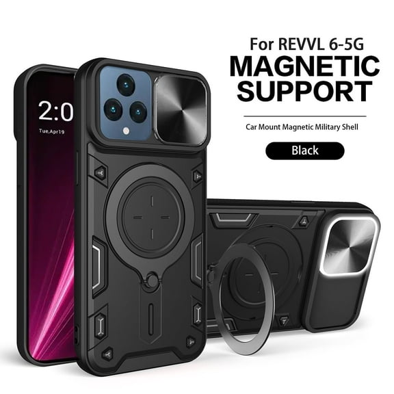 T-Mobile REVVL 6 5G Phone Cases, TPU PC Shockproof Magnetic Phone Case with Free Adjustment Ring Holder for REVVL 6 5G in Black