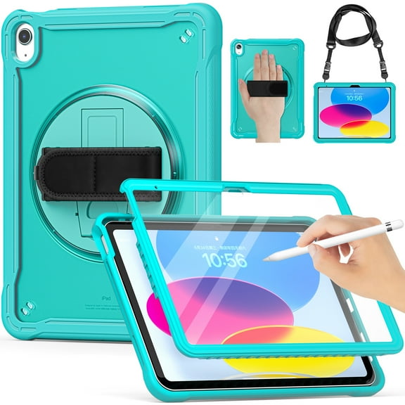 Dteck for iPad 10th Generation Case with Screen Protector,360 Rotating Stand & Pencil Holder & Hand & Shoulder Strap Shockproof Kids Case for 10.9 inch iPad 10th Gen 2022,Blue