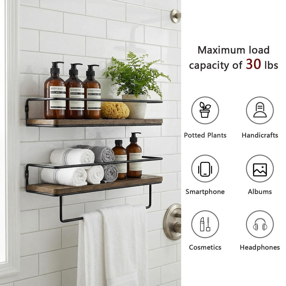 Kadyn Industrial Farmhouse Shelves with Guardrail Include Weathered Dark Wood, Matte Black Frame & Hidden Heavy-Duty Mounting for Versatile Rustic Wall Organization, Brown